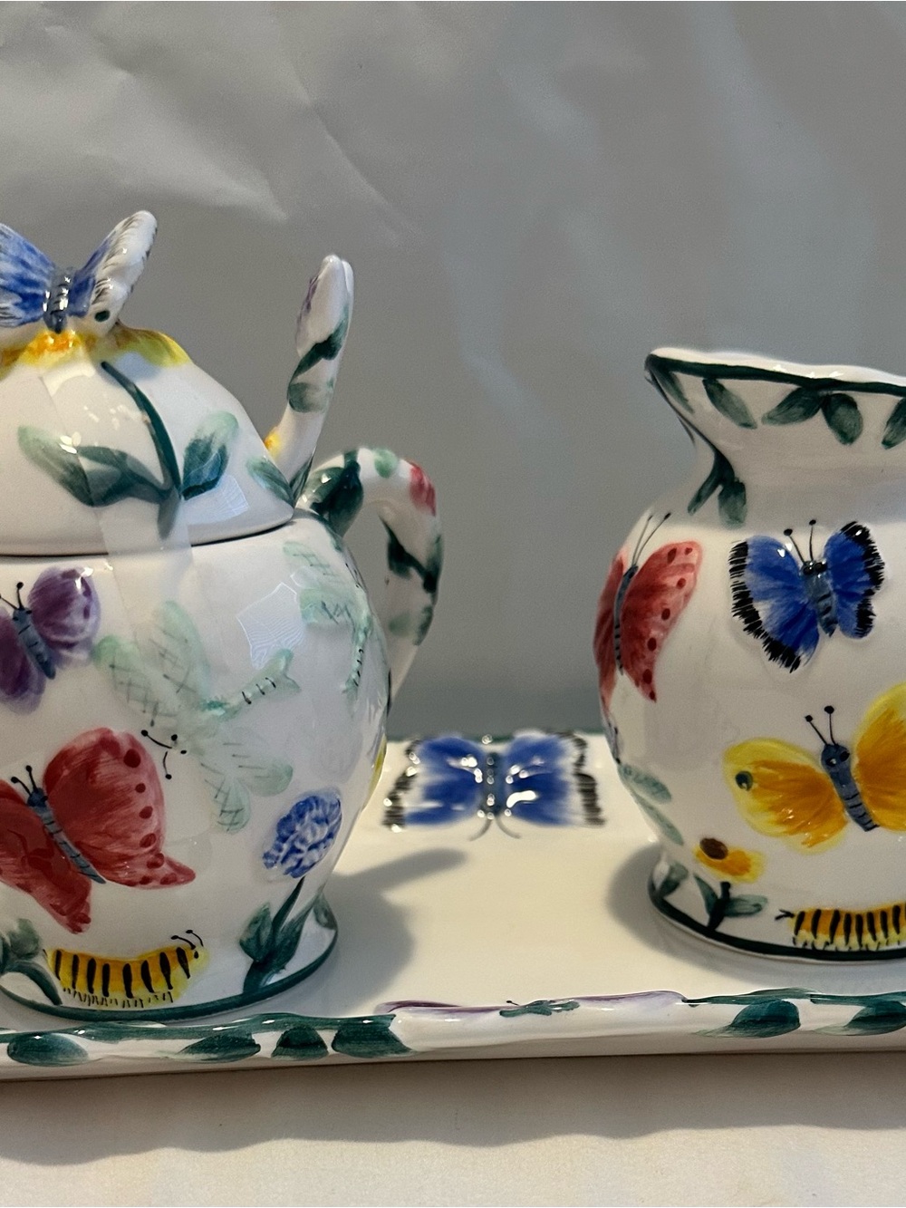 Vintage Flowers Inc Balloons Ceramic Cream Sugar Set Tray Butterfly Dragonfly